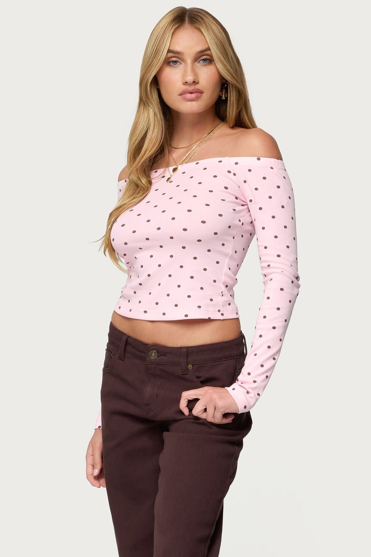 Leandra Off Shoulder Polka Dot Top - Long Sleeve Cotton Spandex
