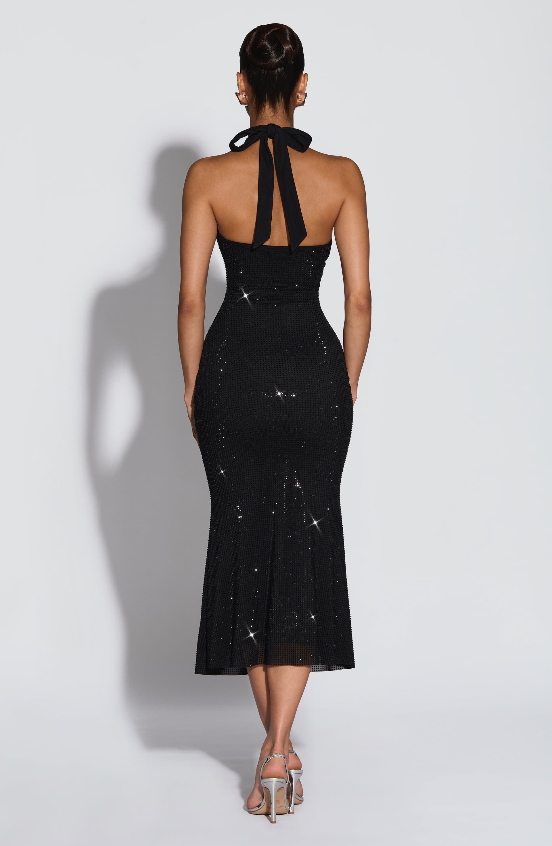Sonora Midi Dress - Black Stretch Mesh with Rhinestones