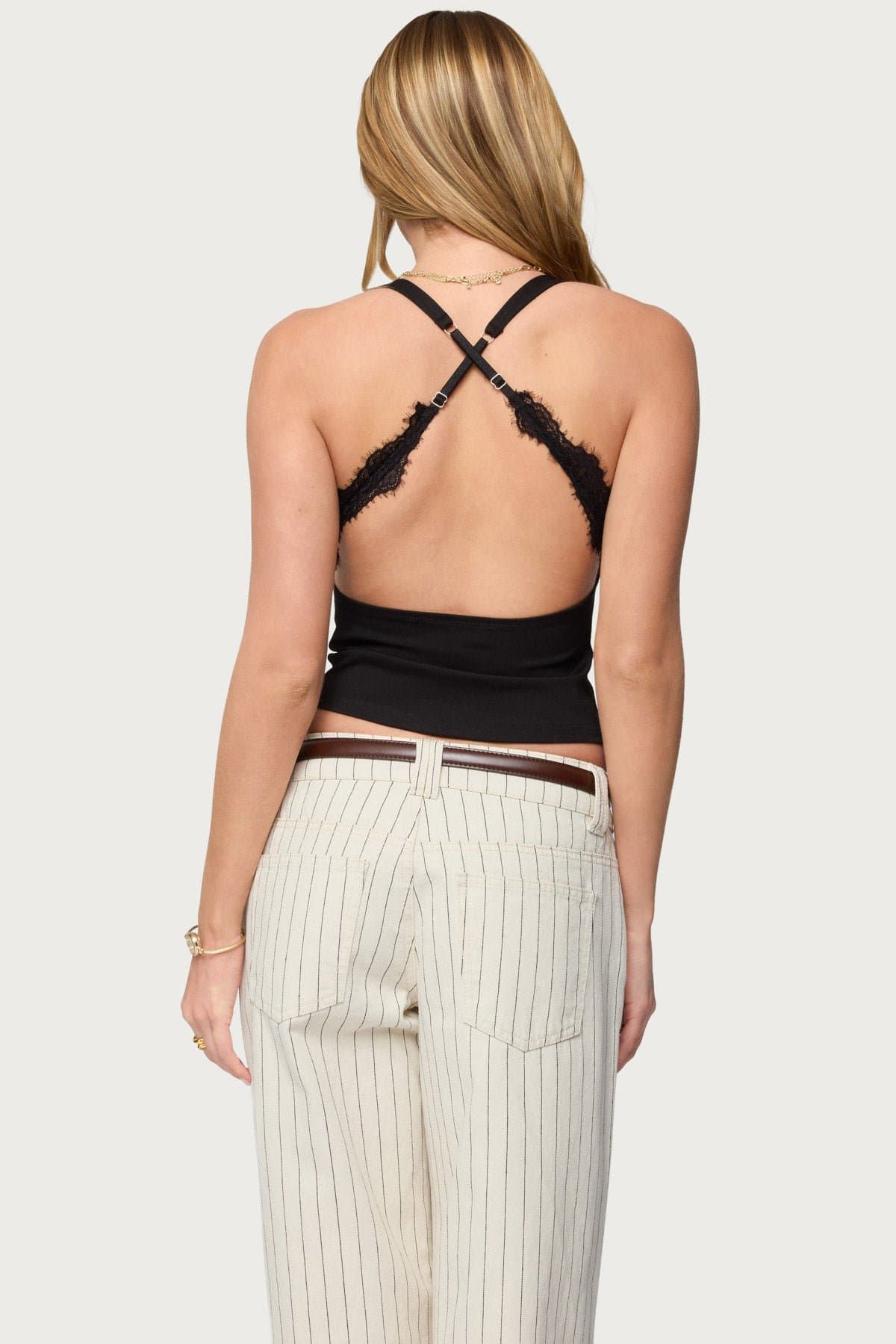 Ranata Lacey Scoop Neck Top with Adjustable Crisscross Straps - Rayon Nylon Spandex