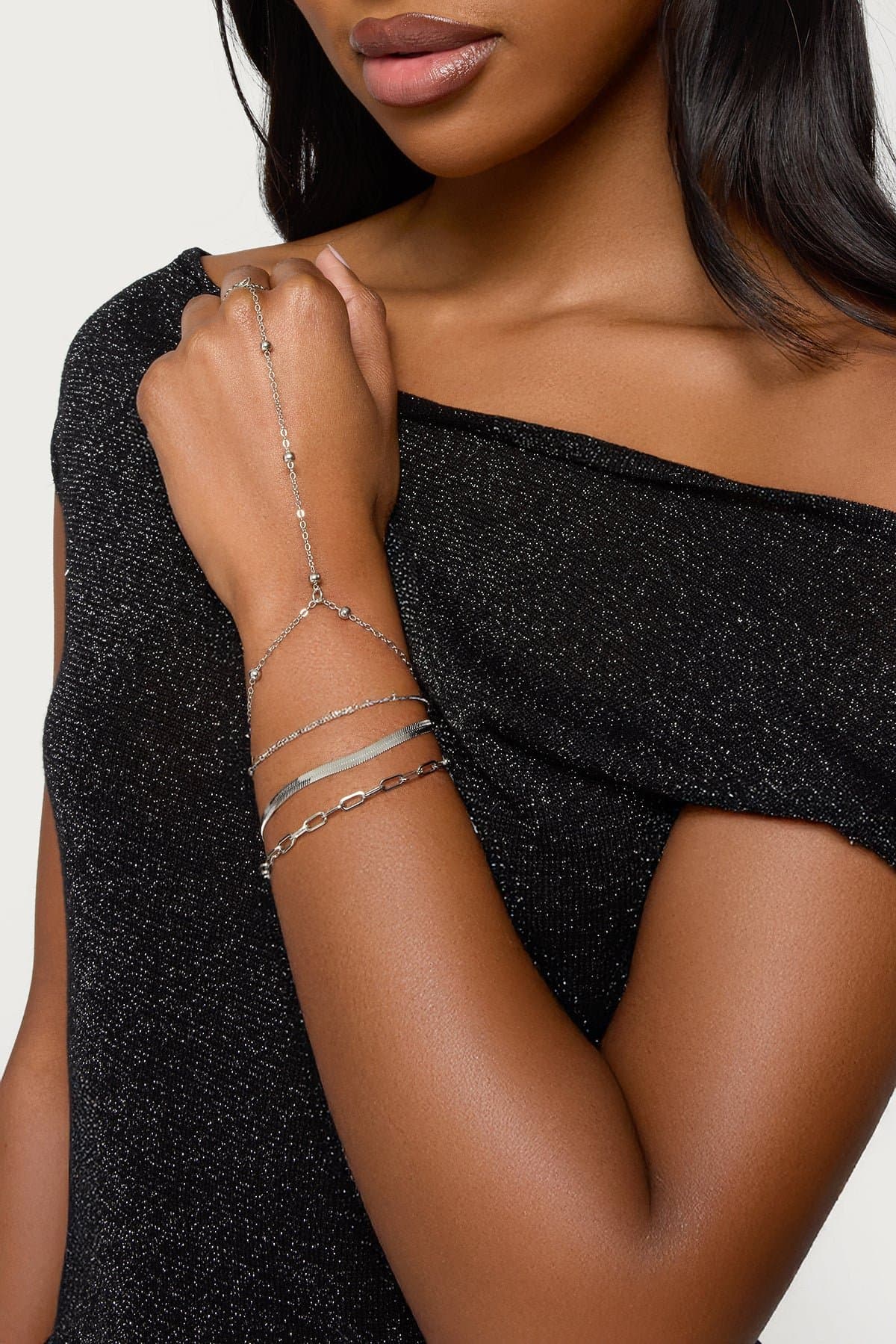 Handchain & Assorted Chain Bracelet Pack Silver Tone Metal 6.6 Inch