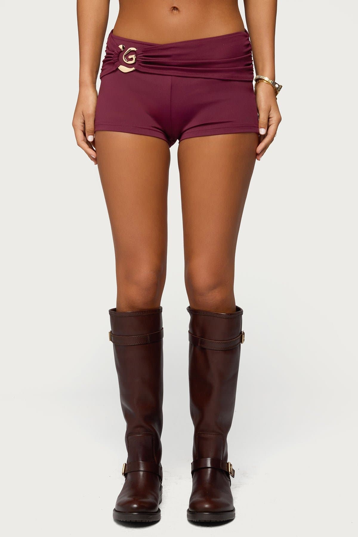 Rusana Swirl Ruched Micro Shorts - Polyester Spandex with Metal Detail