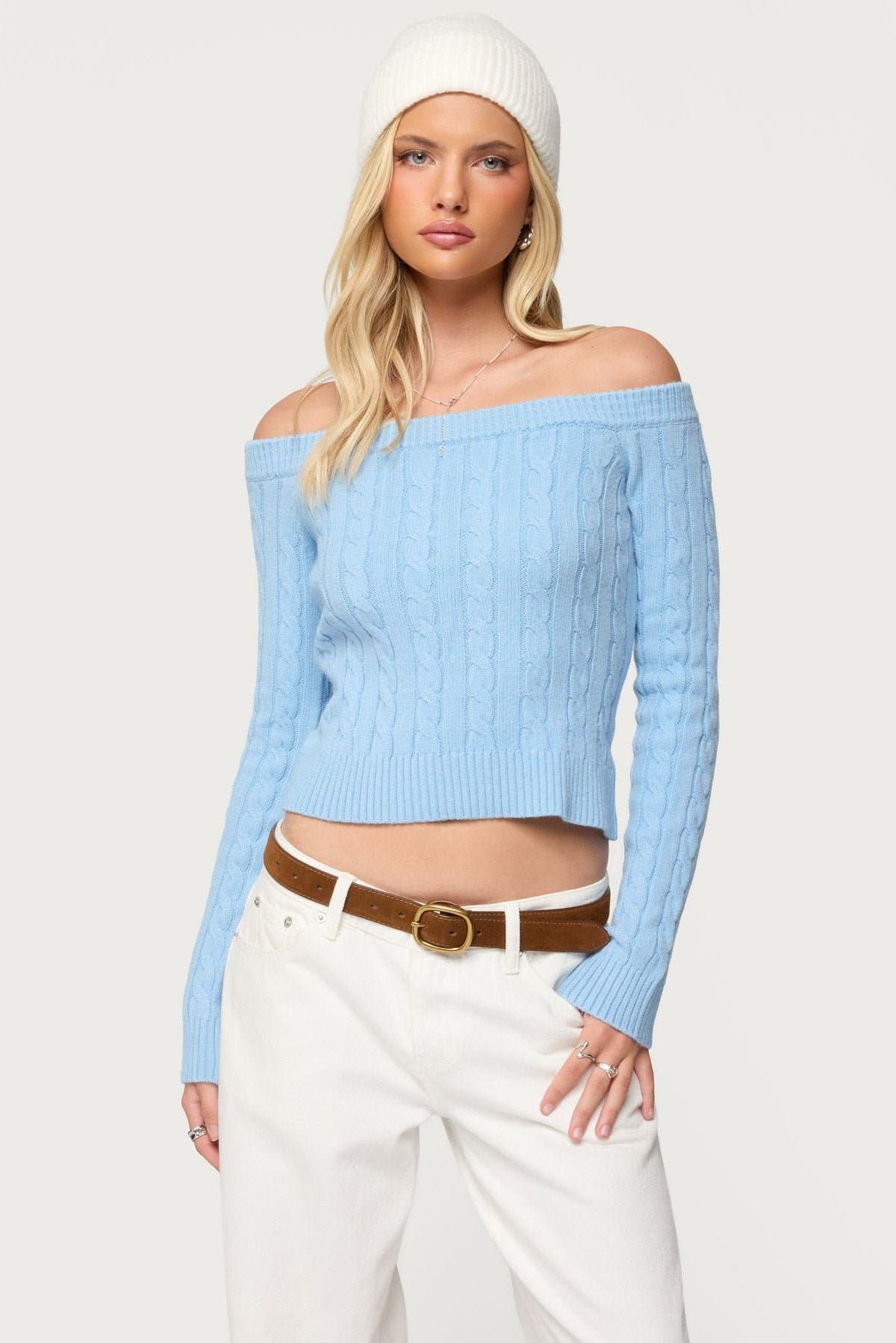 Taniza Off Shoulder Cable Knit Sweater - Rayon Polyester Spandex