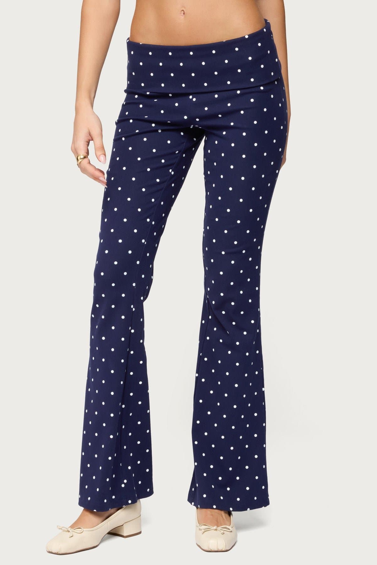 Daliya Polka Dot Fold Over Flared Loungewear Pants - Cotton Spandex