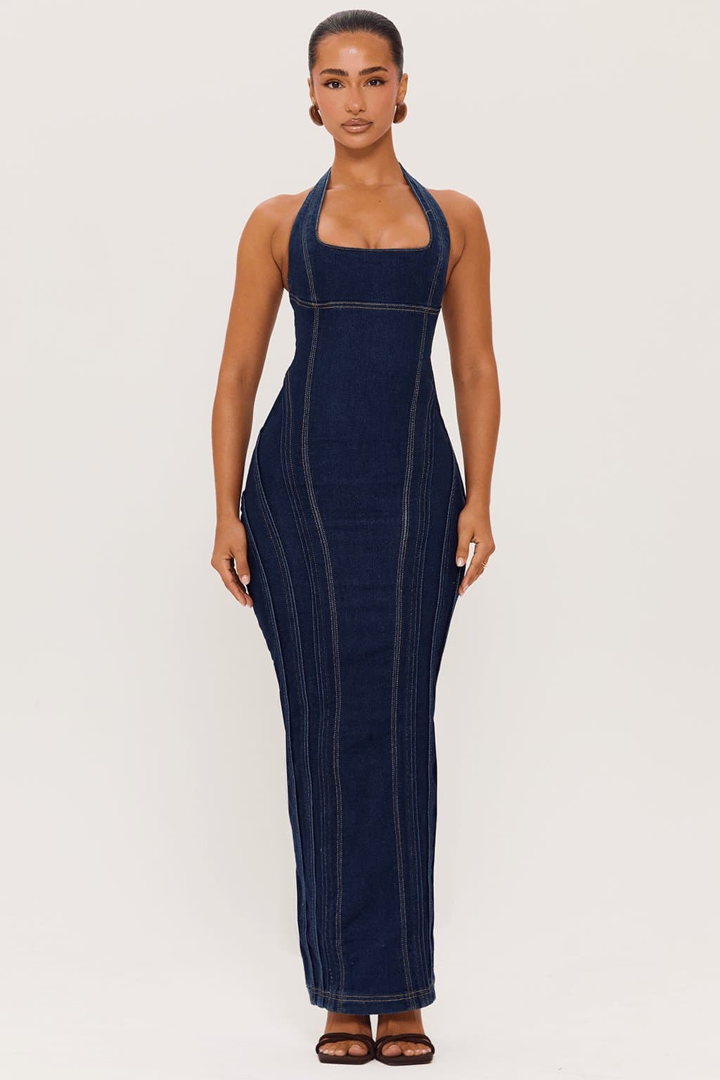 Curve Maxi Dress Square Neck Halter Adjustable Strap True Denim