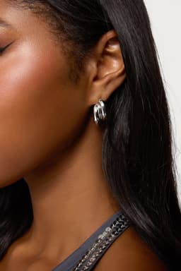 Two Time Chunky Stud Earrings Double Hoop Silver Tone 0.9 Inch