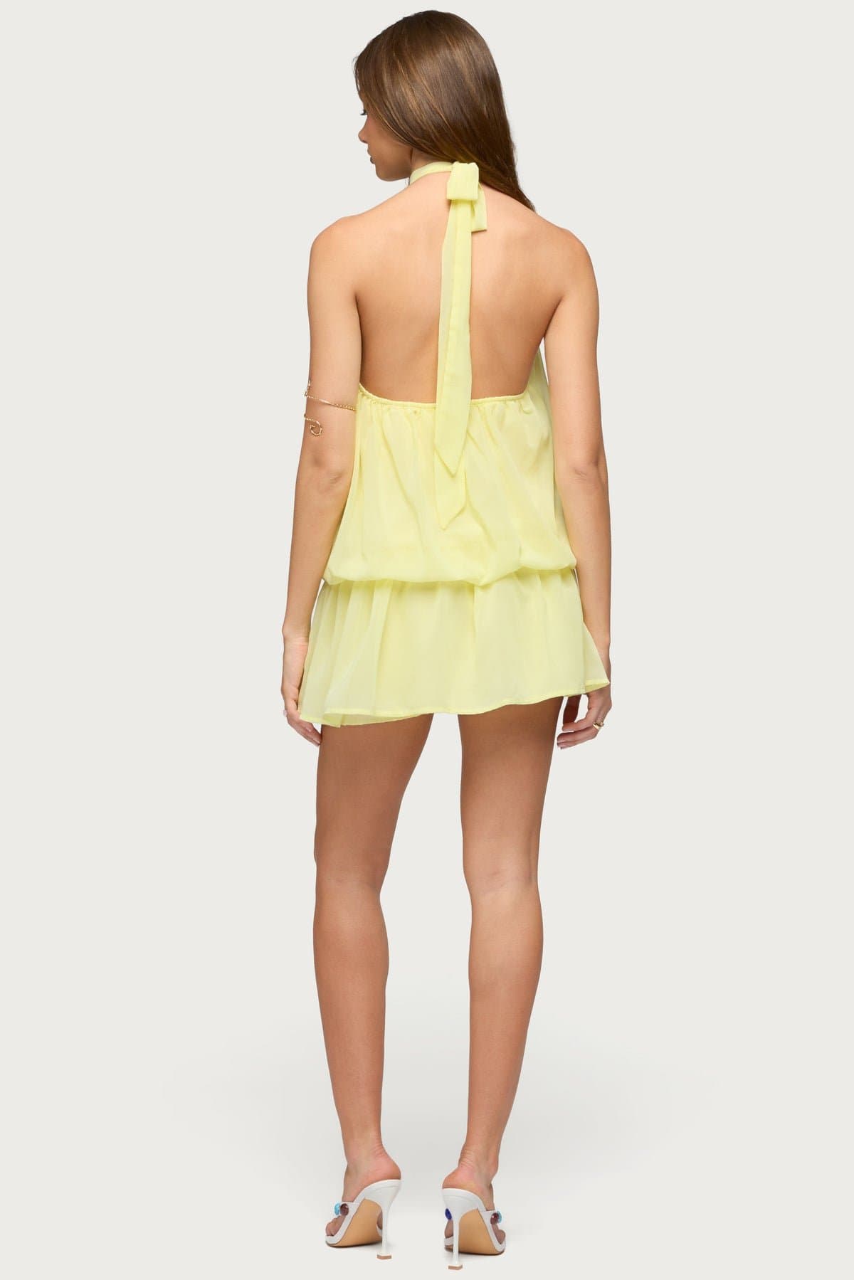 Courtney Chiffon High Neck Halter Mini Dress with Cinched Waist