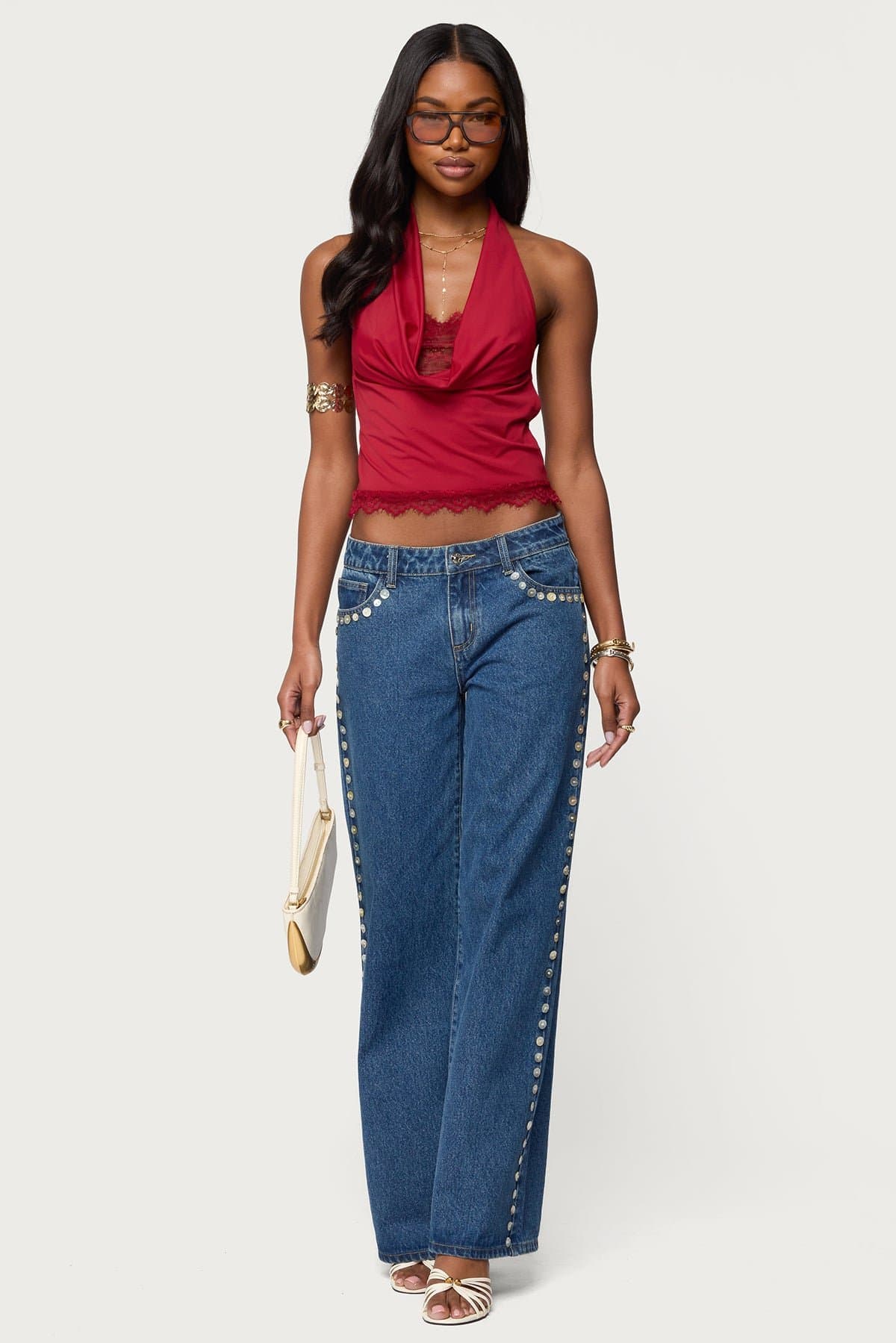 Layered Lacey Cowl Neck Halter Top with Back Tie Nylon Spandex