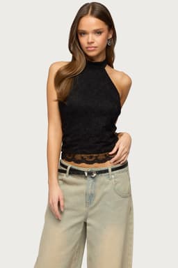 Perrie Lace High Neck Halter Top - Nylon Spandex Sheer Scalloped Hem