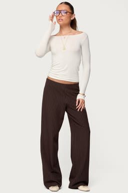 Kerie Pinstripe Low Rise Wide Leg Pants - Polyester Side Zip