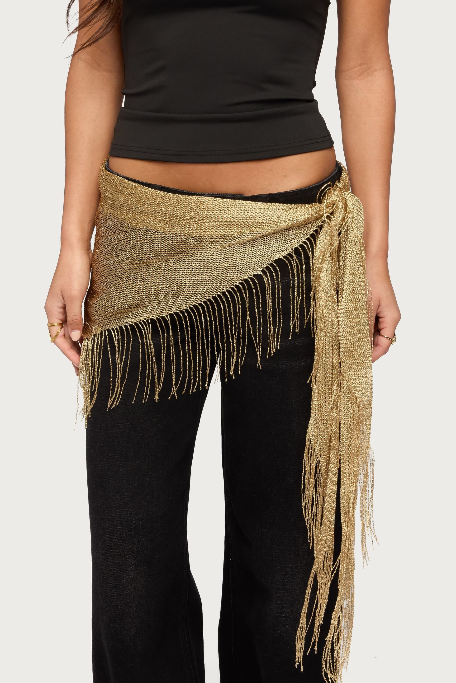 Fringed Waist Scarf with Metallic Detailing - Polyester, 74.8" Length, Multi-Way Wear