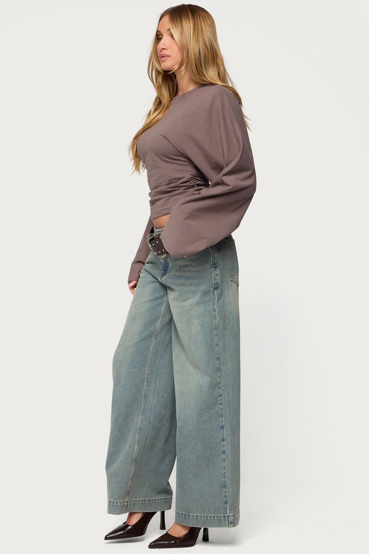 Charlisa Cinched Waist Long Sleeve Top - Cotton Spandex Ruched Detailing