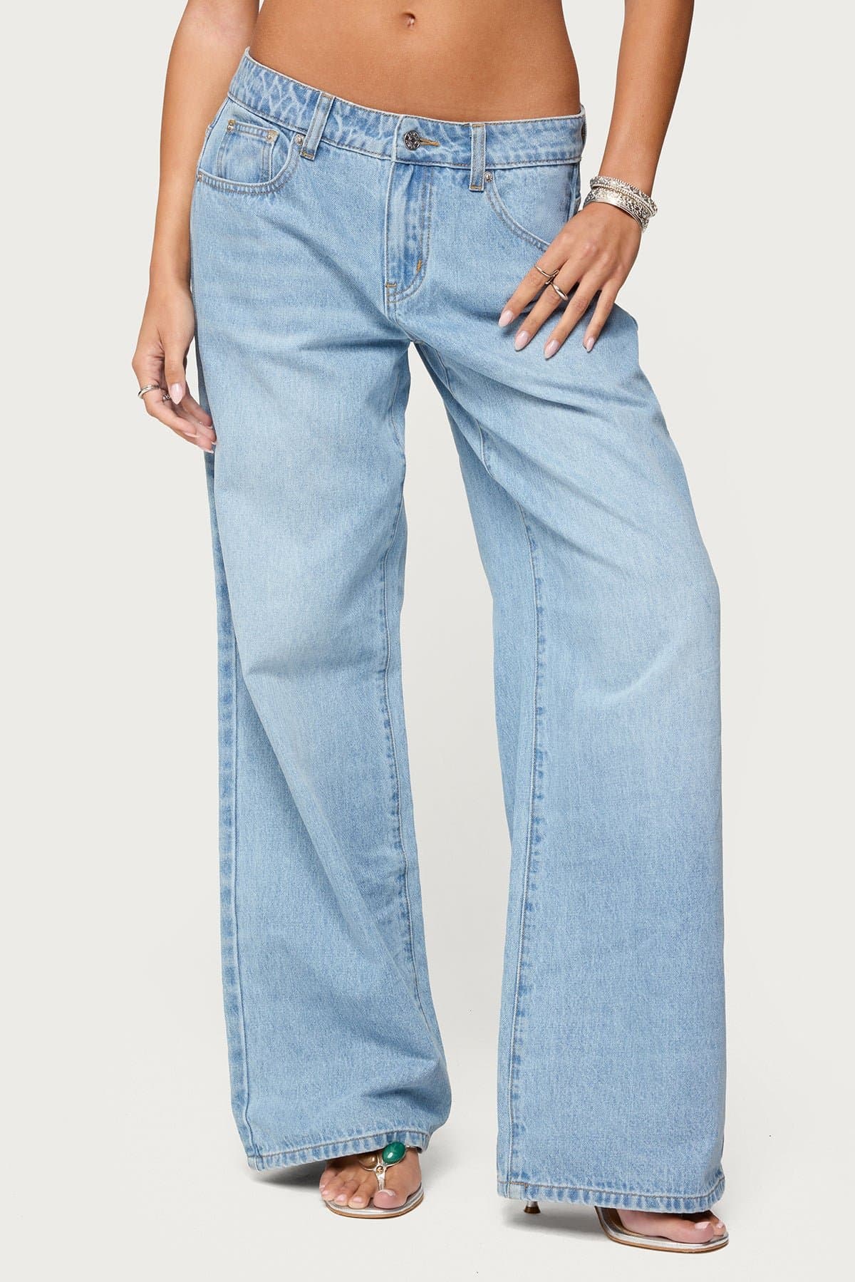 Mirra Embroidered Flower Low Rise Baggy Jeans - 100% Cotton Rigid Denim