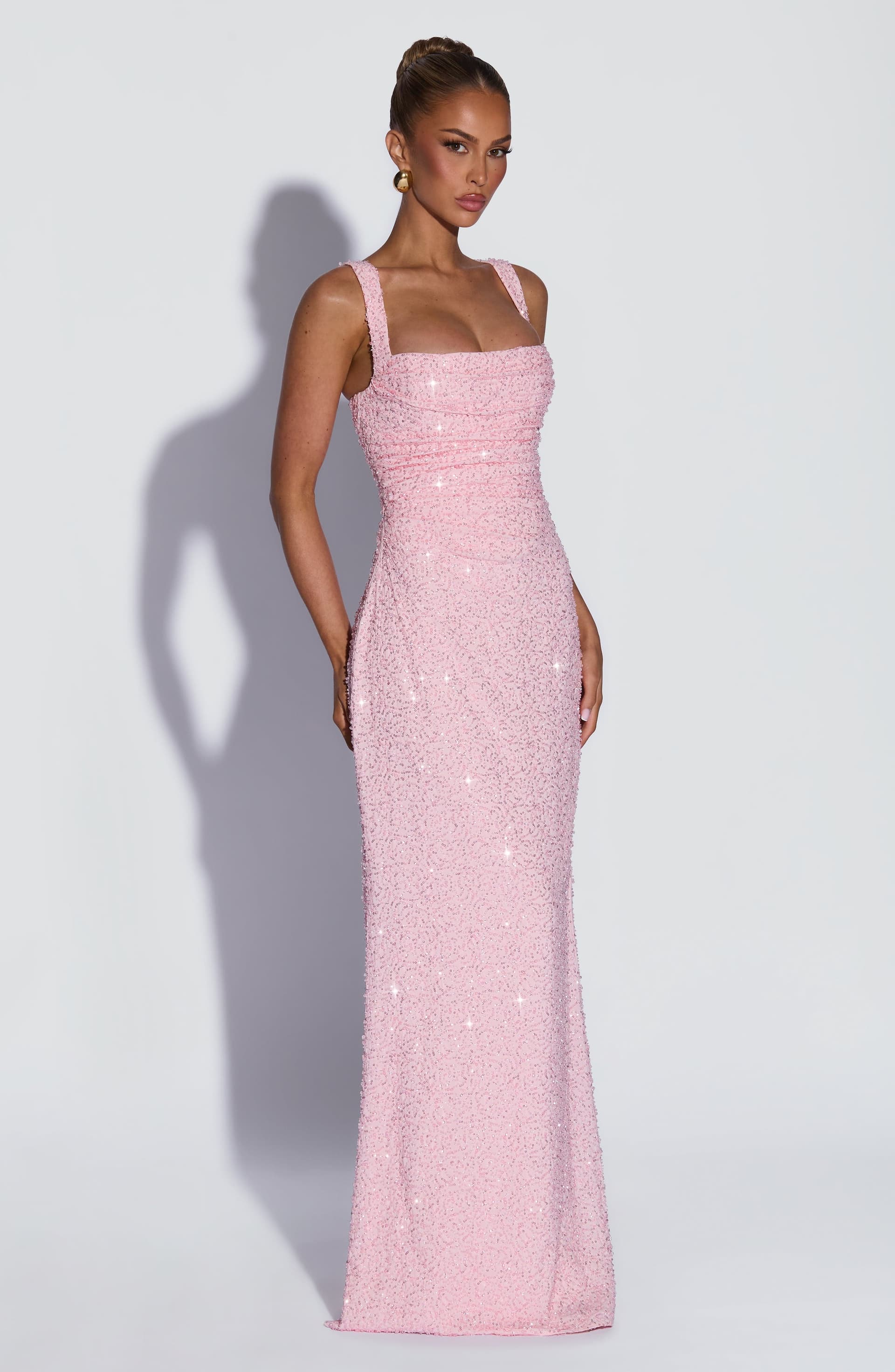 Calanthe Maxi Dress Blush Sparkle Beaded Chiffon Pleated Neckline