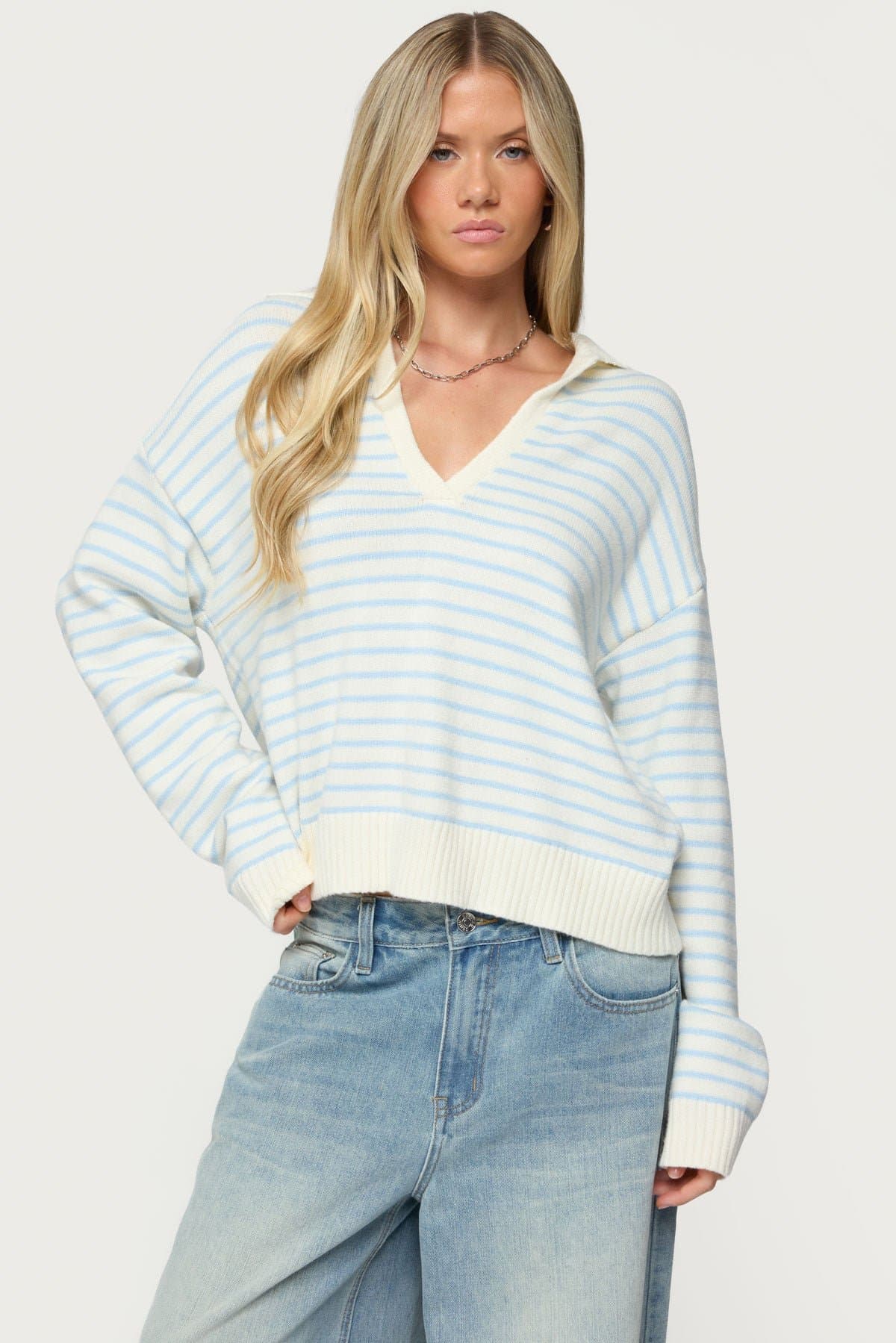 Copenhagen Oversized Striped Sweater - V Neck Knit Acrylic