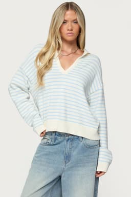 Copenhagen Oversized Striped Sweater - V Neck Knit Acrylic