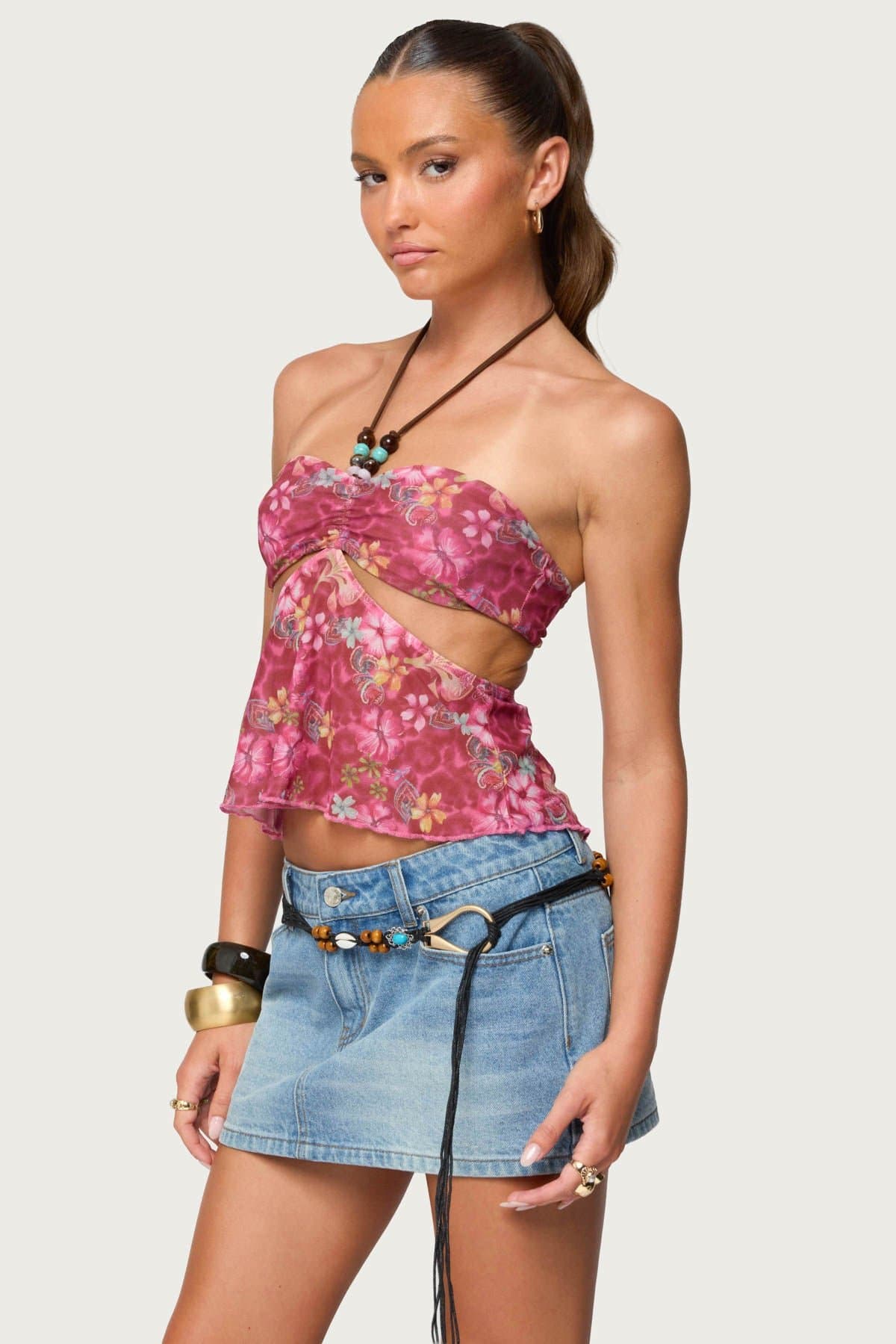 Solana Floral Cut Out Halter Top - Polyester Spandex Print with Bead Detailing