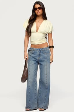 Buttoned Waist Low Rise Baggy Jeans 100% Cotton Rigid Denim Panel Stitching