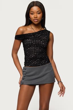 Off Shoulder Lace Polka Dot Top - Polyester Spandex Layered Fabric