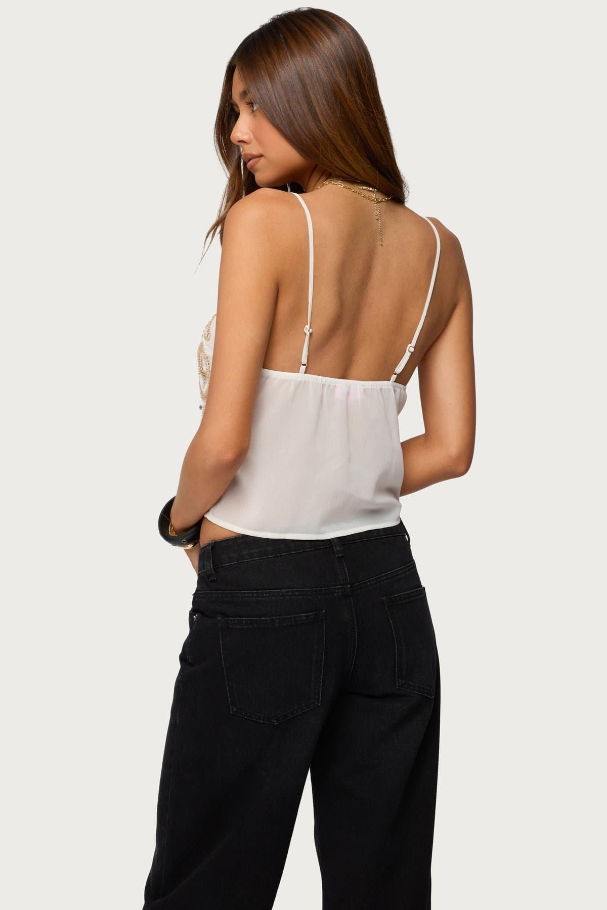 Kaleesy Beaded Tank Top with Adjustable Straps, V-Neckline, Sheer Back - Polyester