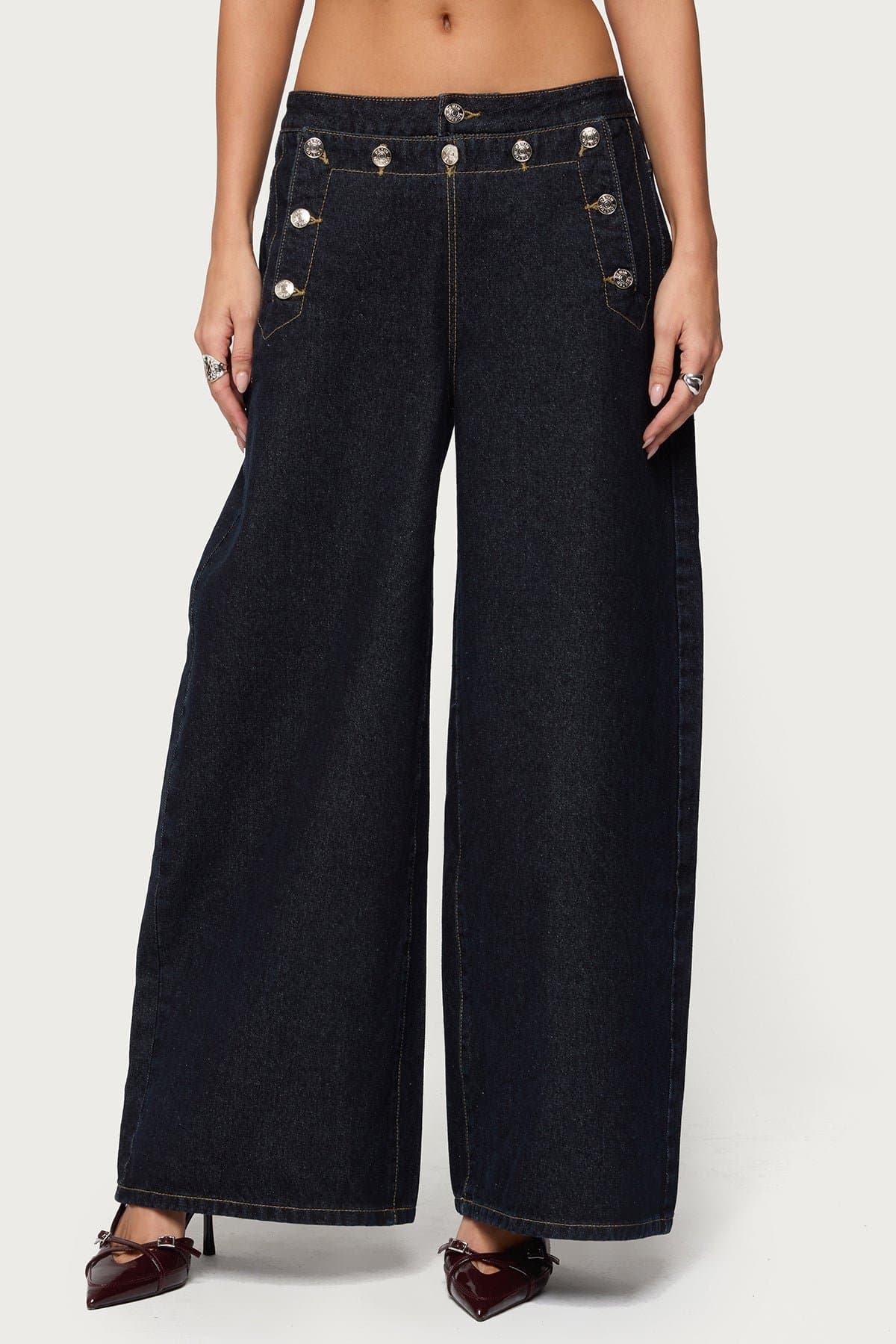 Frida Buttoned Low Rise Baggy Jeans - 100% Cotton Rigid Denim