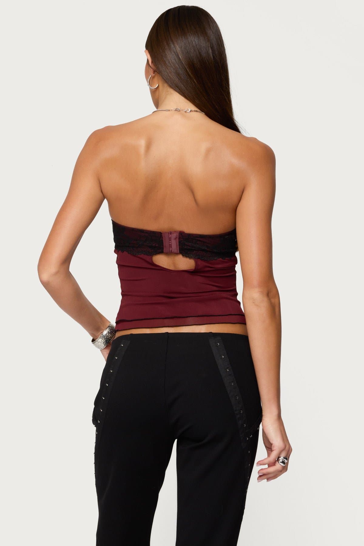 Contrast Lacey Mesh Strapless Bra Top - Nylon Spandex Layered Fabric