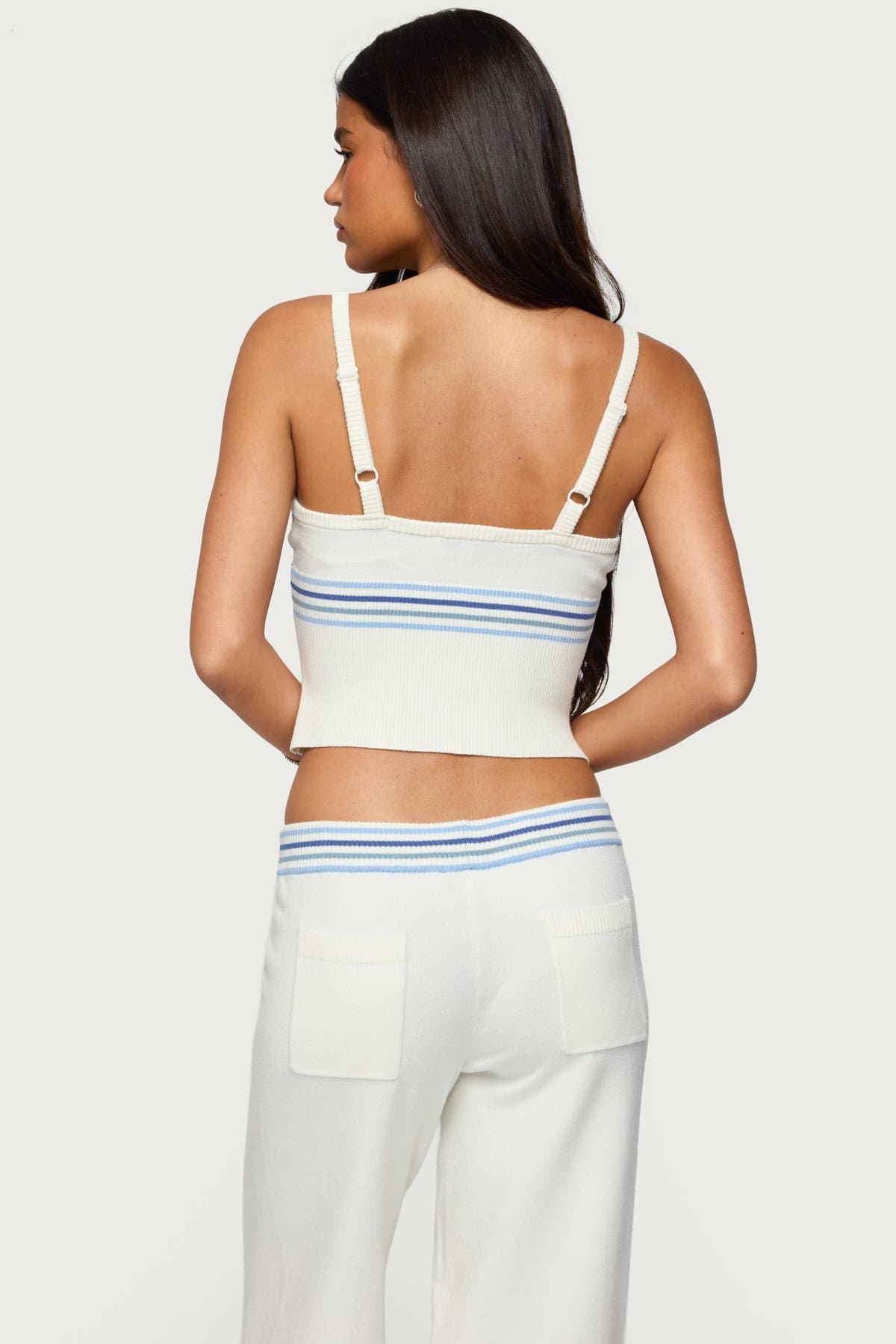 Miya Stripey Ribbed Knit Tank Top with Adjustable Straps V-Neck Rayon Polyester Nylon