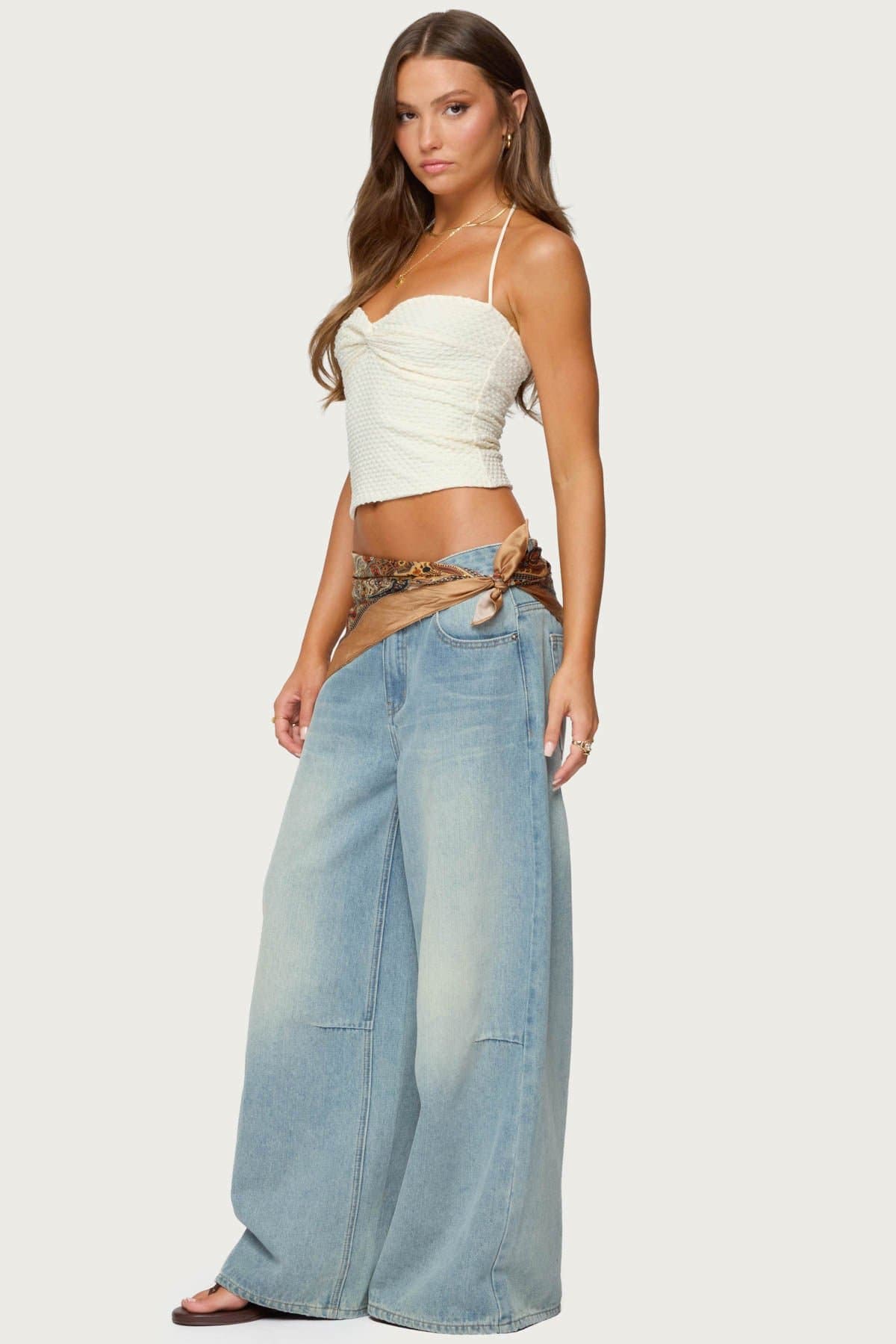 Zoee Twisted Textured Halter Top - Polyester Spandex Sweetheart Neckline