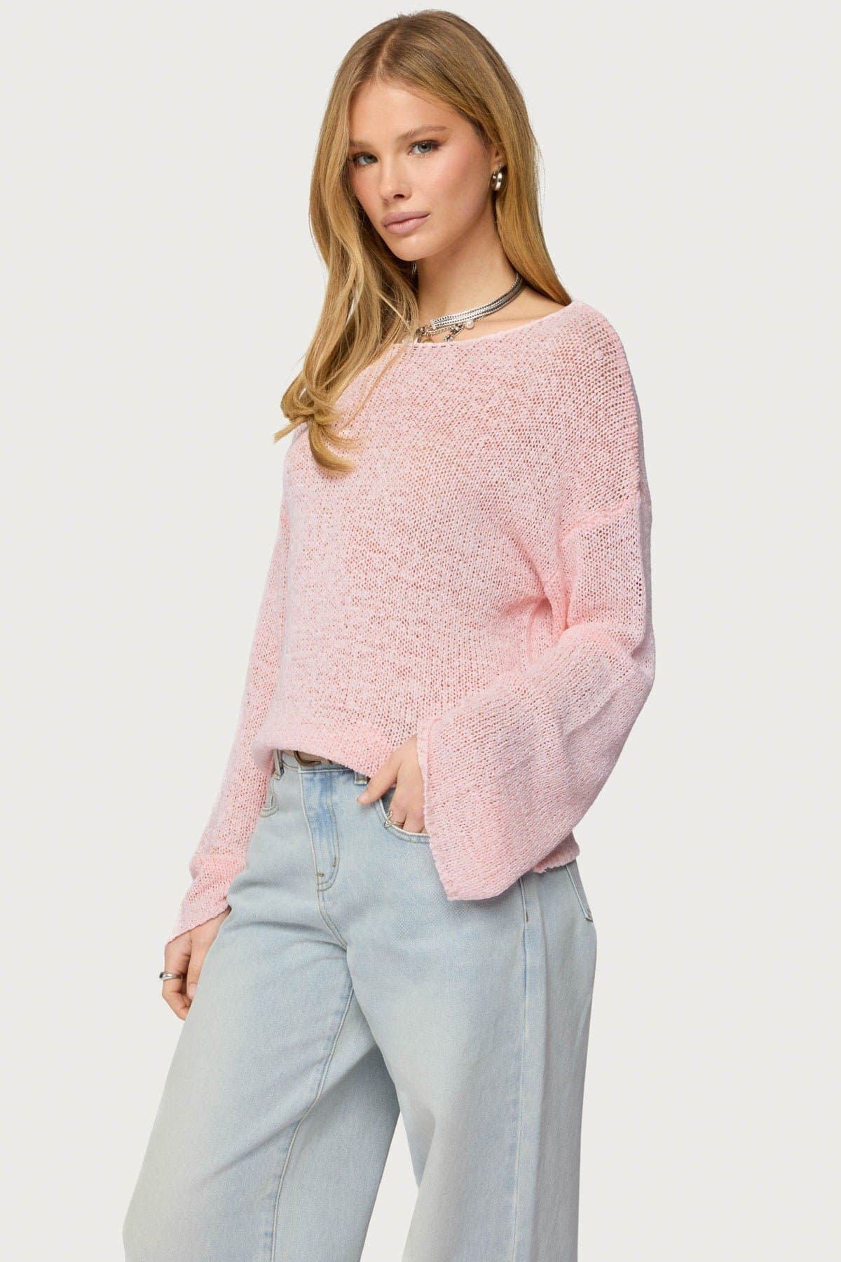 Drop Shoulder Light Knit Sweater - Relaxed Fit Polyester Rayon