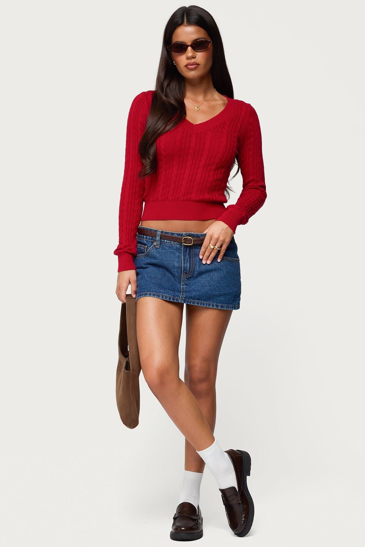 Ashlee V Neck Cable Knit Top - Long Sleeve 100% Cotton