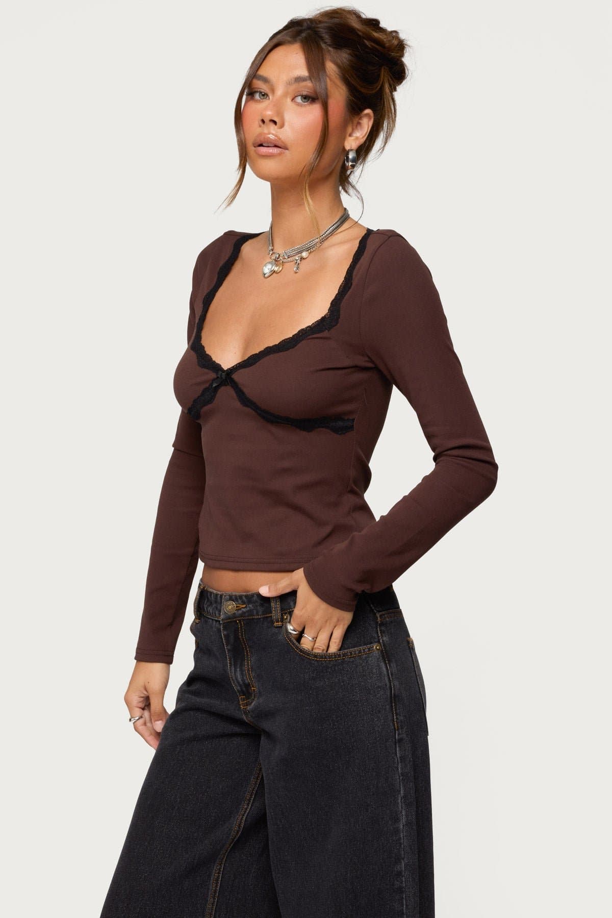 Porta Contrast Lacey Long Sleeve Top - Sweetheart Neckline Cotton Spandex