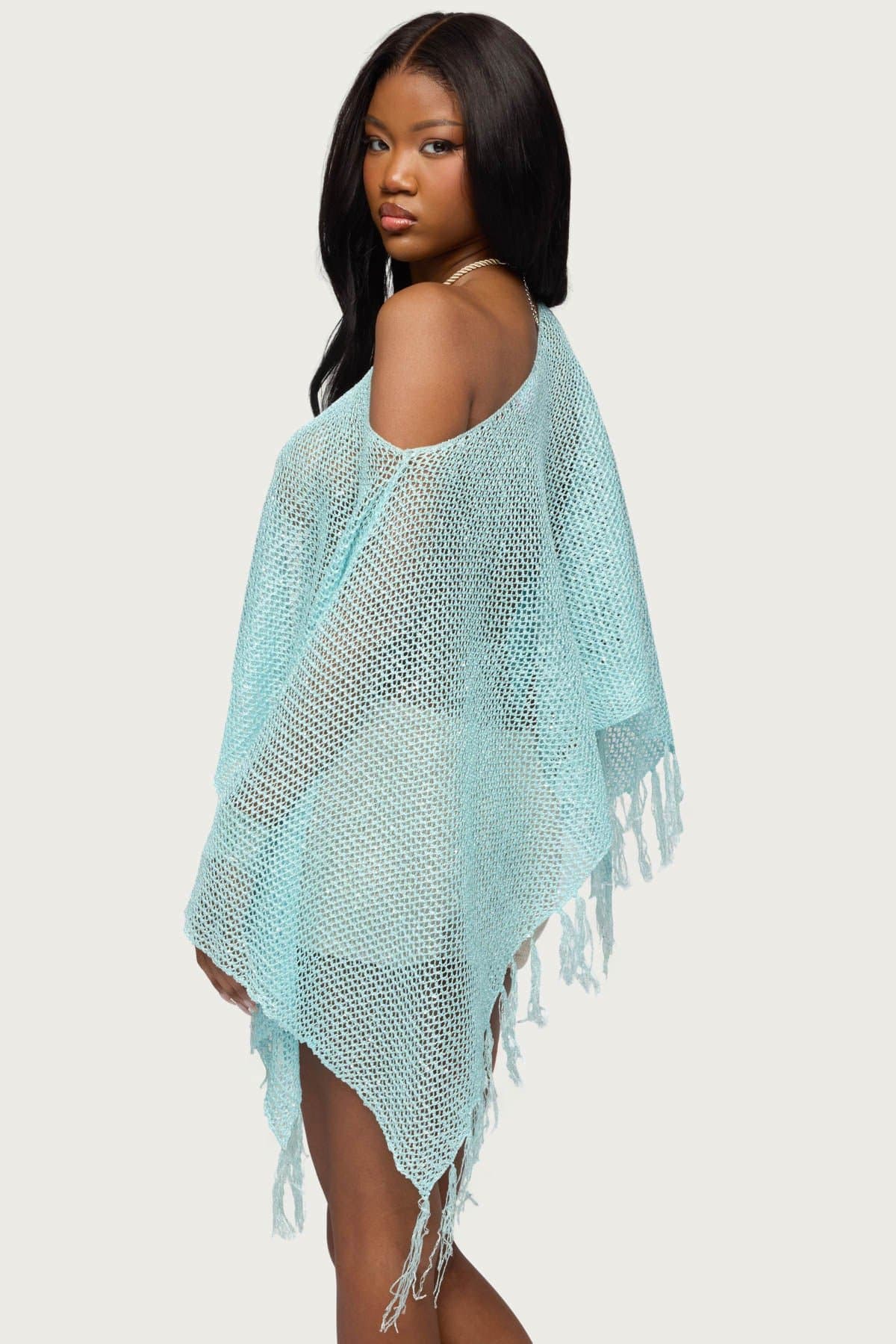 Sequin Fringe Knit Poncho - Boat Neckline, Open Knit Polyester