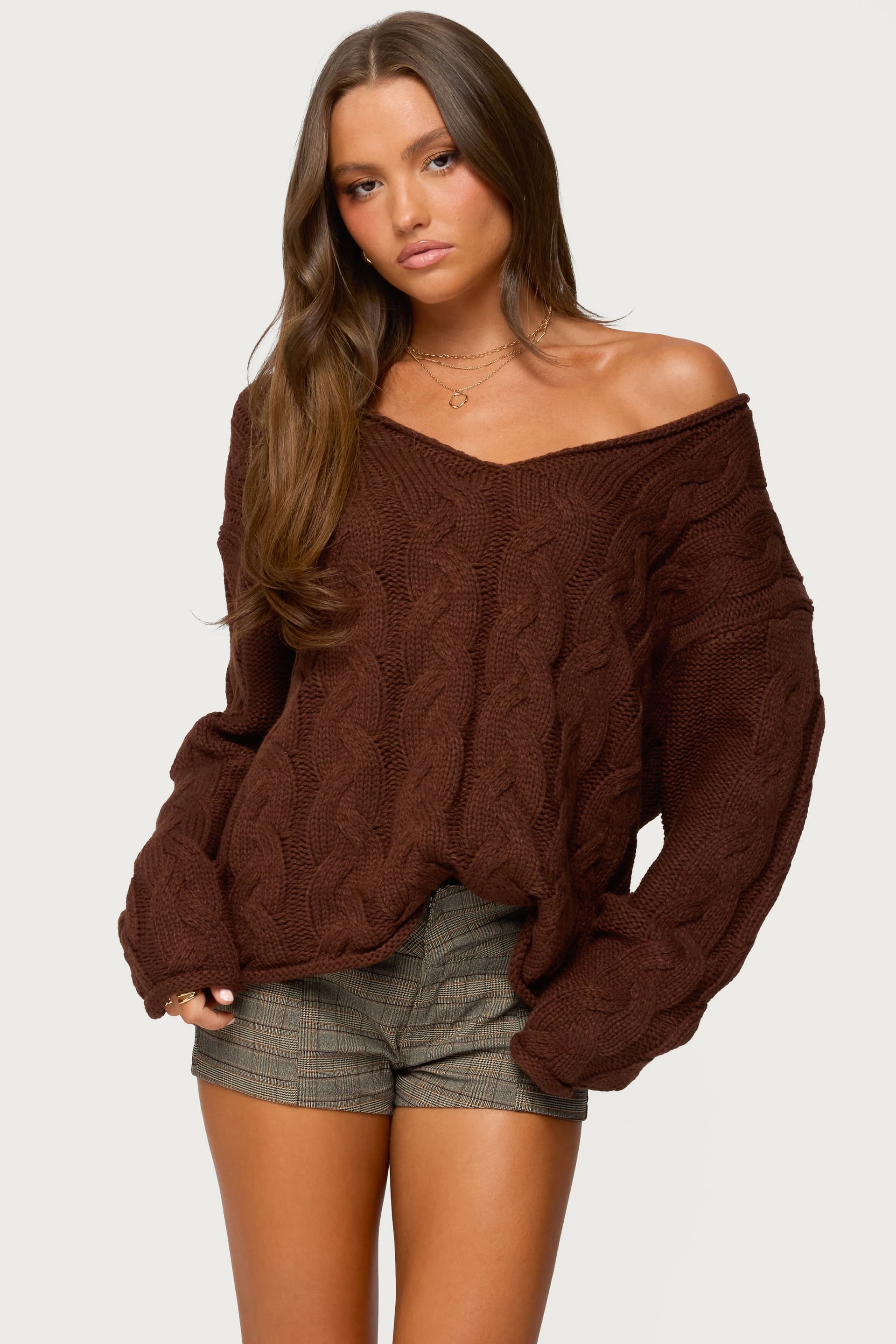 Inga Oversized Cable Knit Sweater - Acrylic Deep V Neck