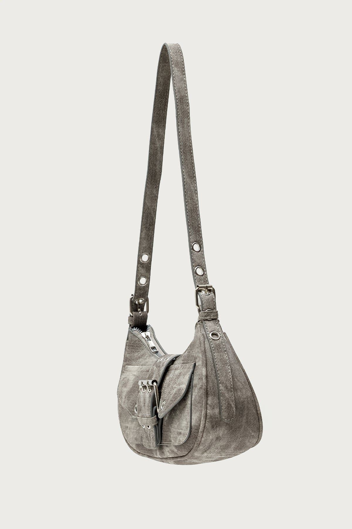 Washed Faux Leather Buckle Bag - Polyurethane 11"W x 5.9"H x 4.9"D