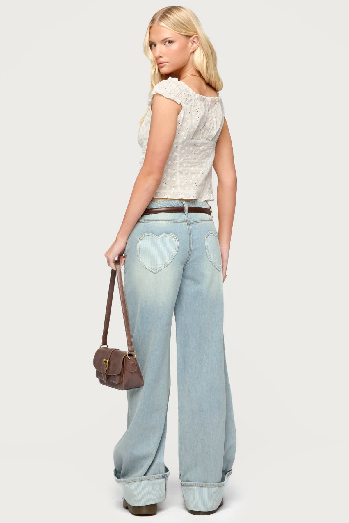 Contrast Heart Low Rise Baggy Jeans - Rigid Cotton Denim with Cuffed Hem