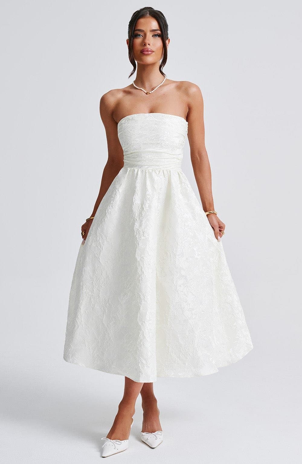 Saoirse Midi Dress in Ivory Floral Jacquard with Lace Up Back