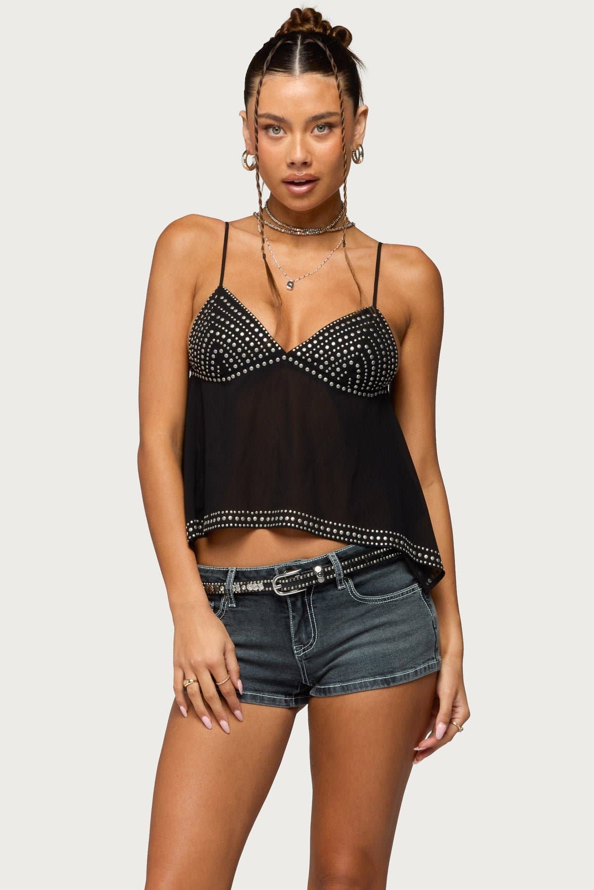 Studded Asymmetric Sheer Babydoll Top - Adjustable Straps, Lined Bust, Polyester