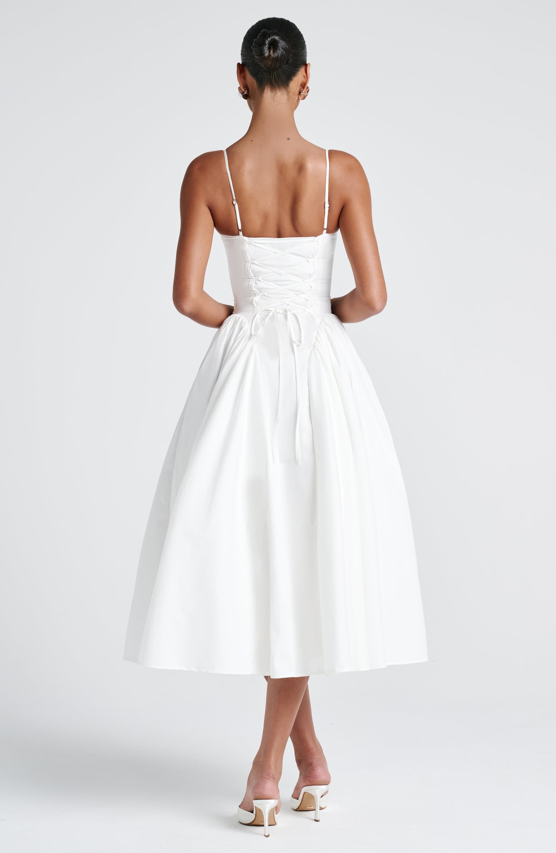 Emerson Midi Dress in Ivory - Sweetheart Neckline Lace-Up Back Dropped Waist
