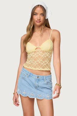 Sheer Lace Cutout Tank Top with Adjustable Straps - Nylon Spandex