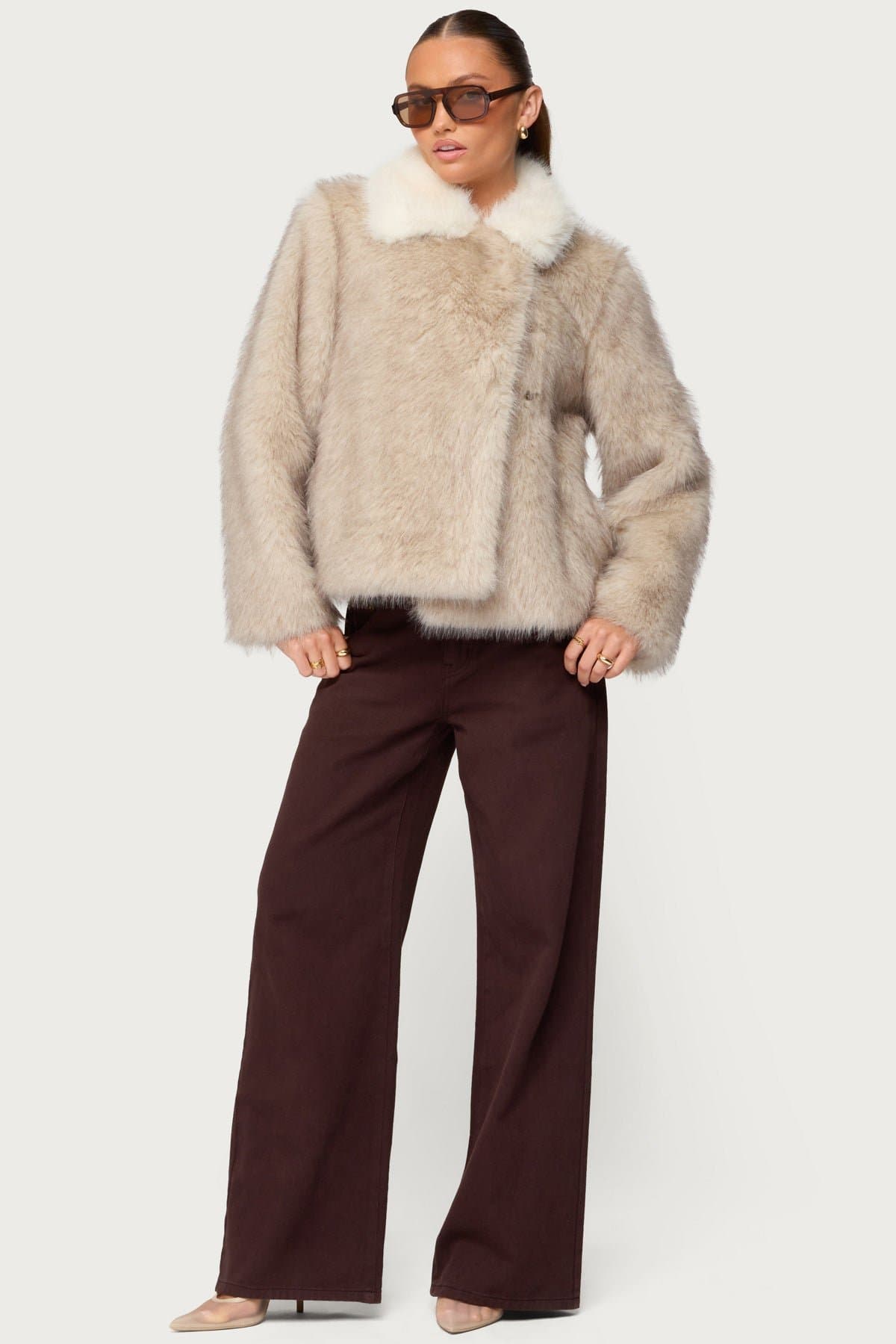 Contrast Collar Faux Fur Jacket - Polyester Women's Outerwear Size S