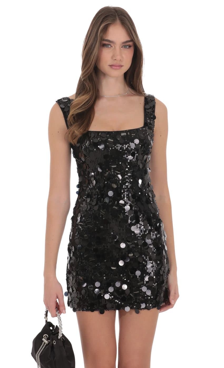 Circle Sequin Square Neck Dress in Black