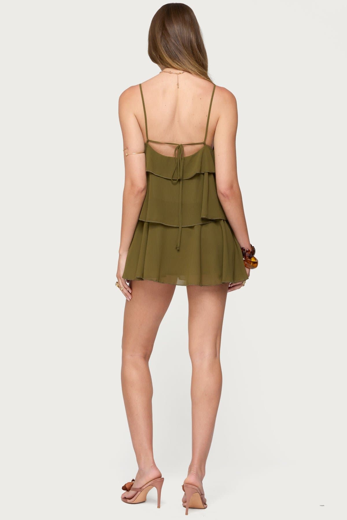 Gwynne Chiffon Ruffled Mini Dress - V-Neck Back Tie Polyester