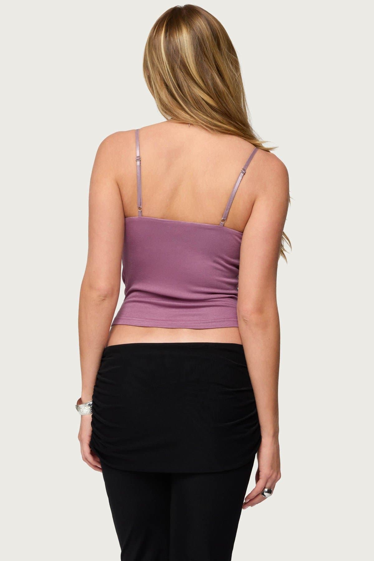 Layered Bra Cowl Neck Tank Top with Adjustable Straps and Beaded Detailing