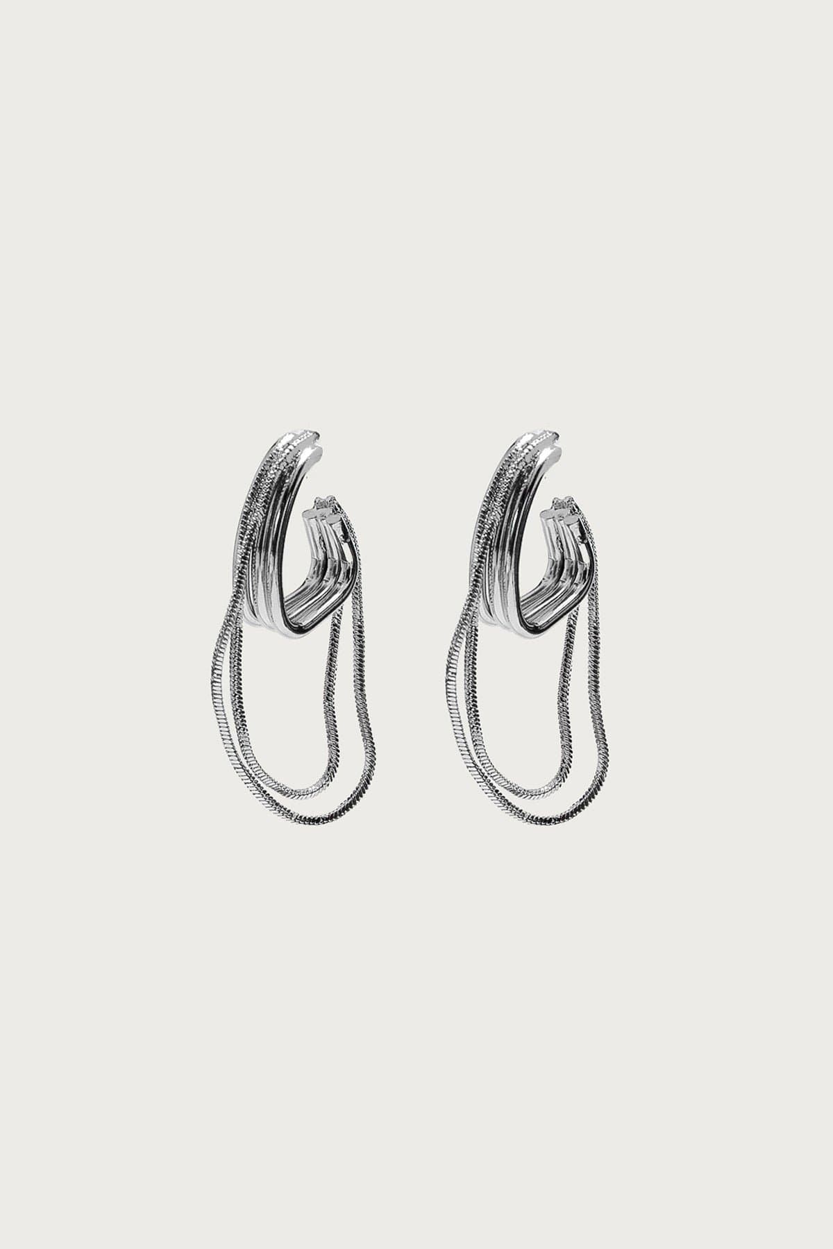 Dangling Chain Hoop Earrings Silver Tone Metal 1.7 Inch Length