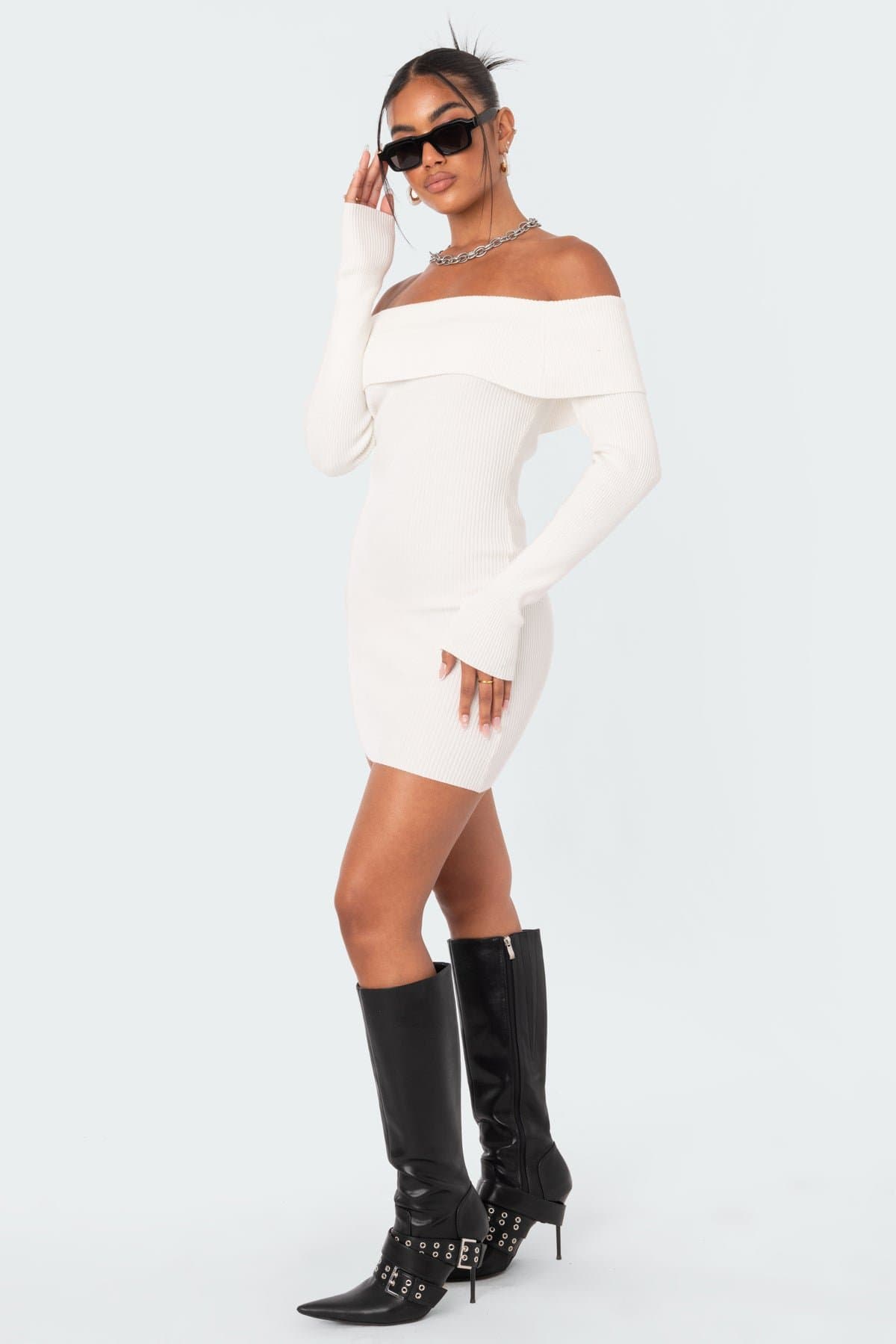 Emma Foldover Knitted Mini Dress - Off Shoulder Long Sleeve Polyester Rayon
