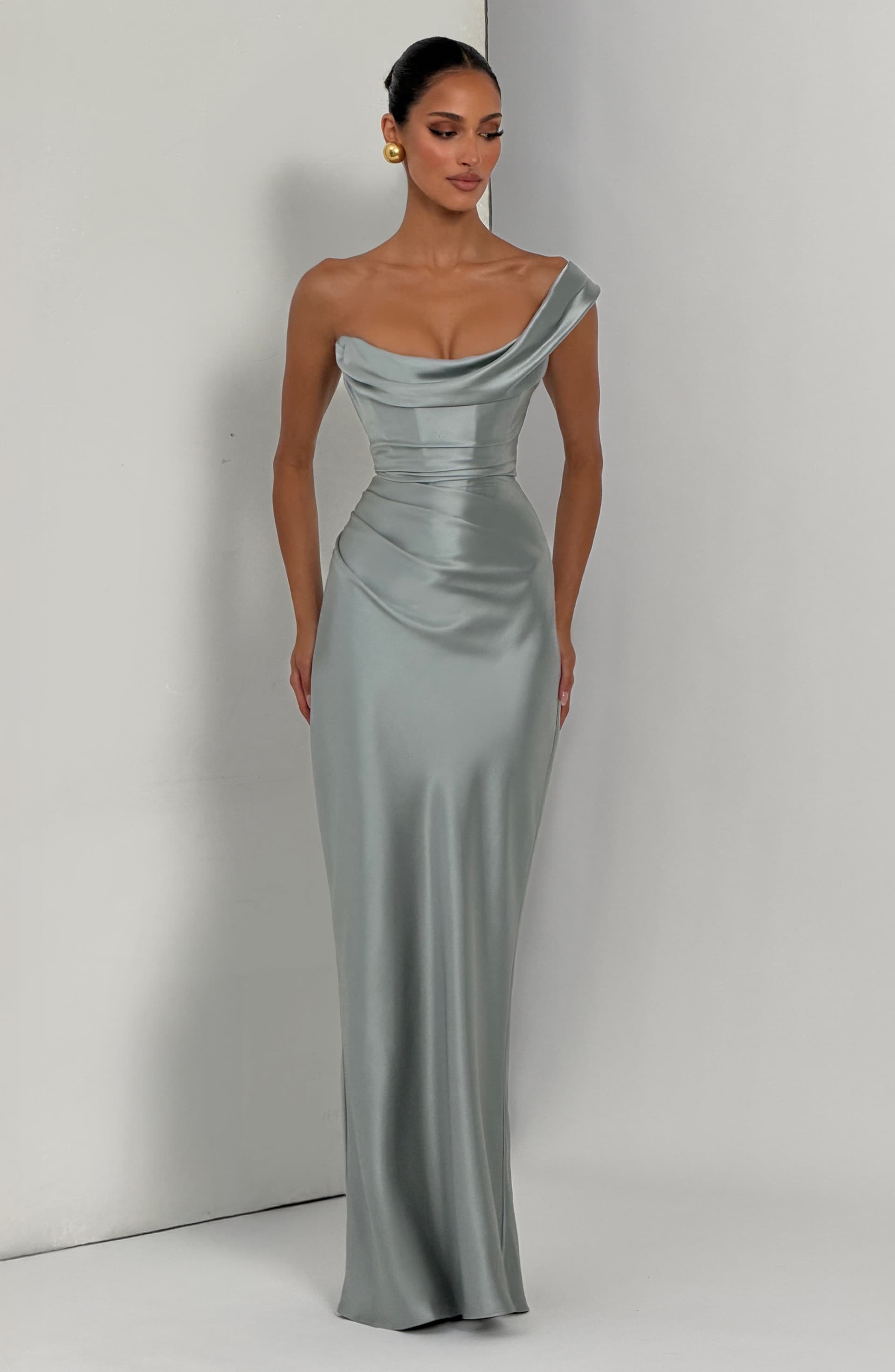 Thalassa Maxi Dress - Sage Green Satin One-Shoulder Pleated Bodice