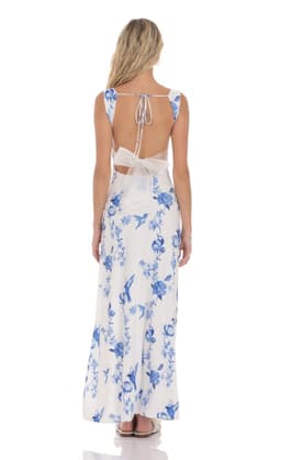 Floral Open Back Bow Maxi Dress in White
