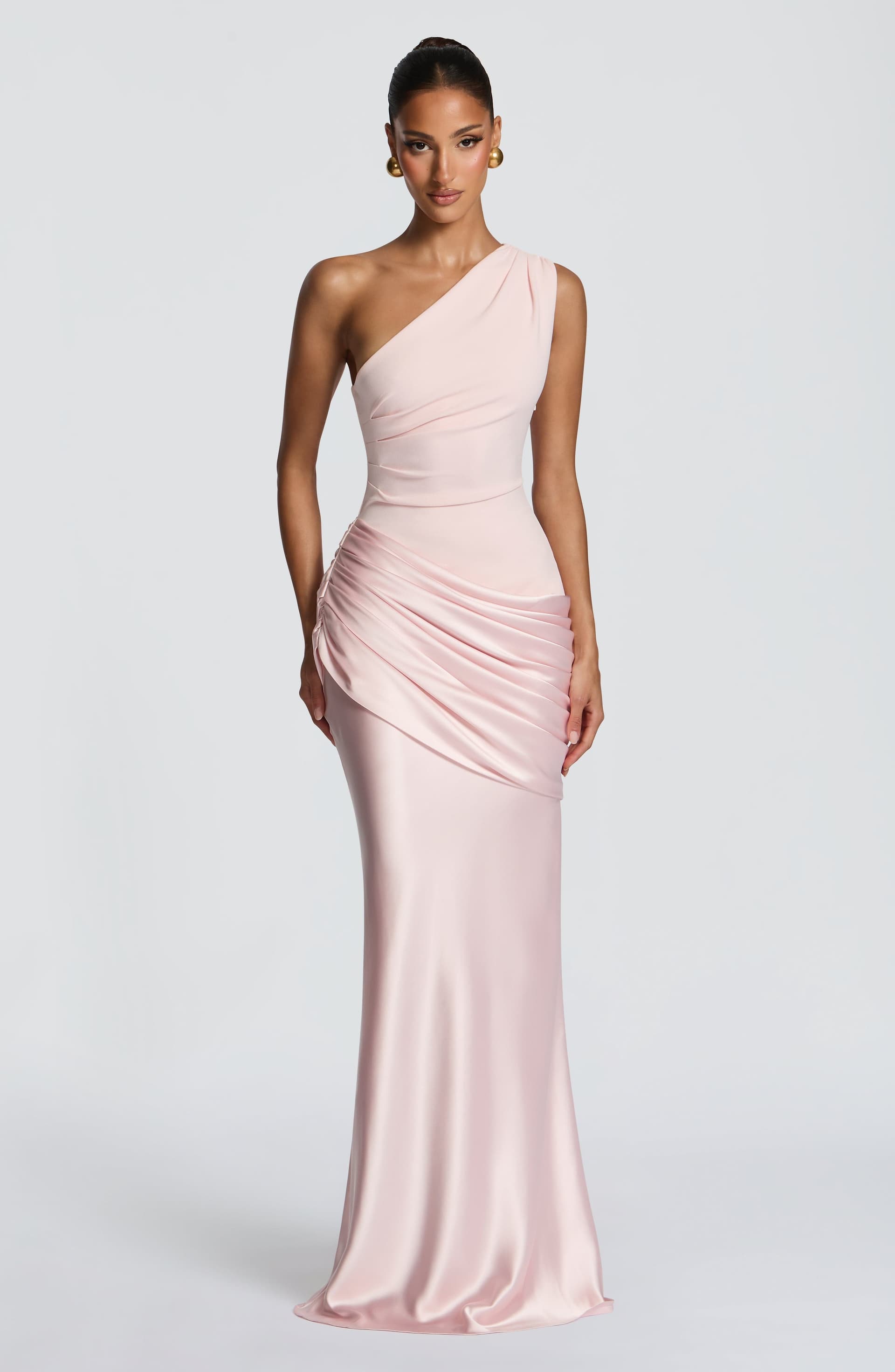 Sadona Maxi Dress - Blush One Shoulder Stretch Crepe Satin Asymmetric Pleats