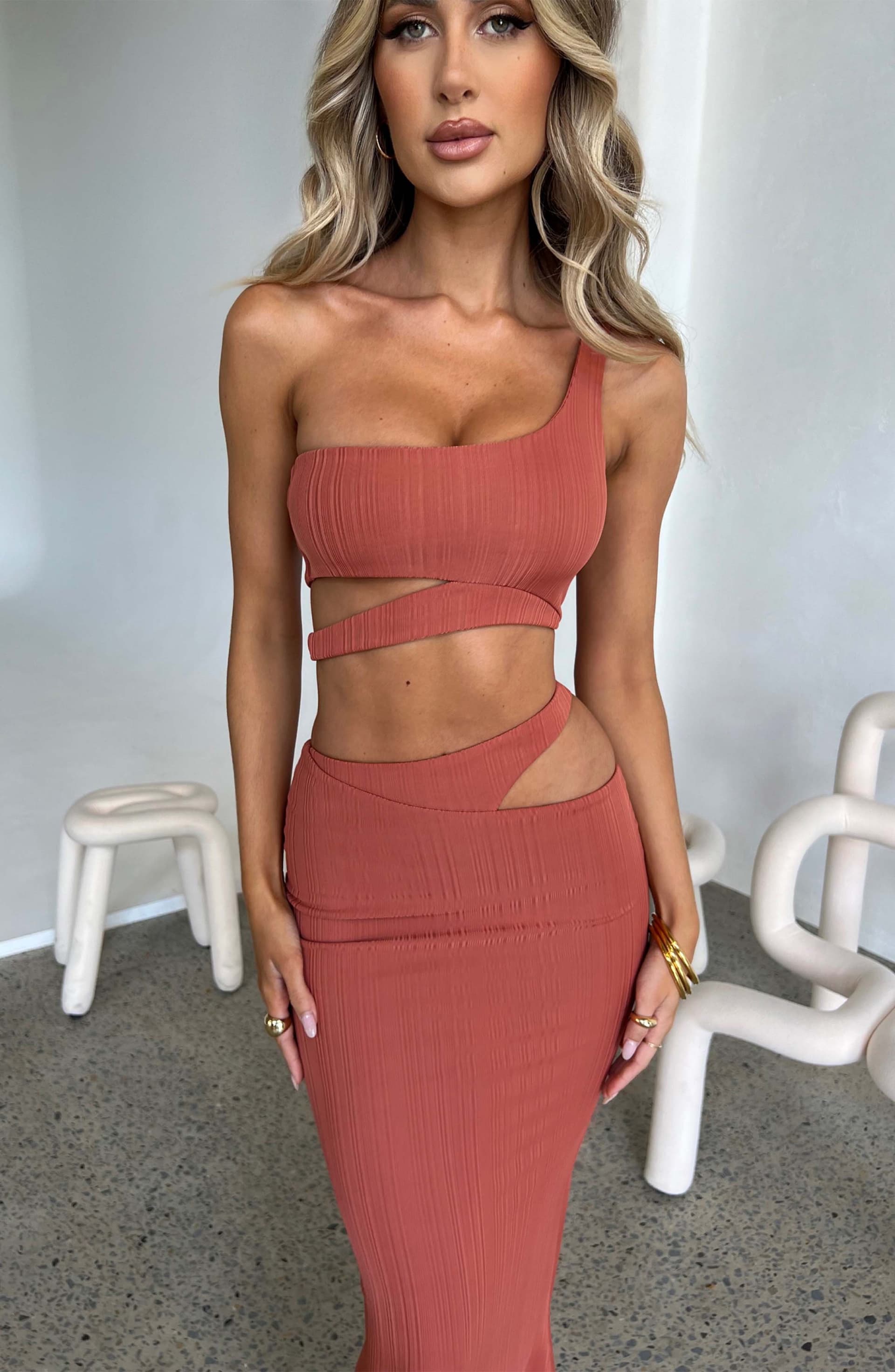 Kaela Rust One Shoulder Crop Top Textured Rib Knit Asymmetric
