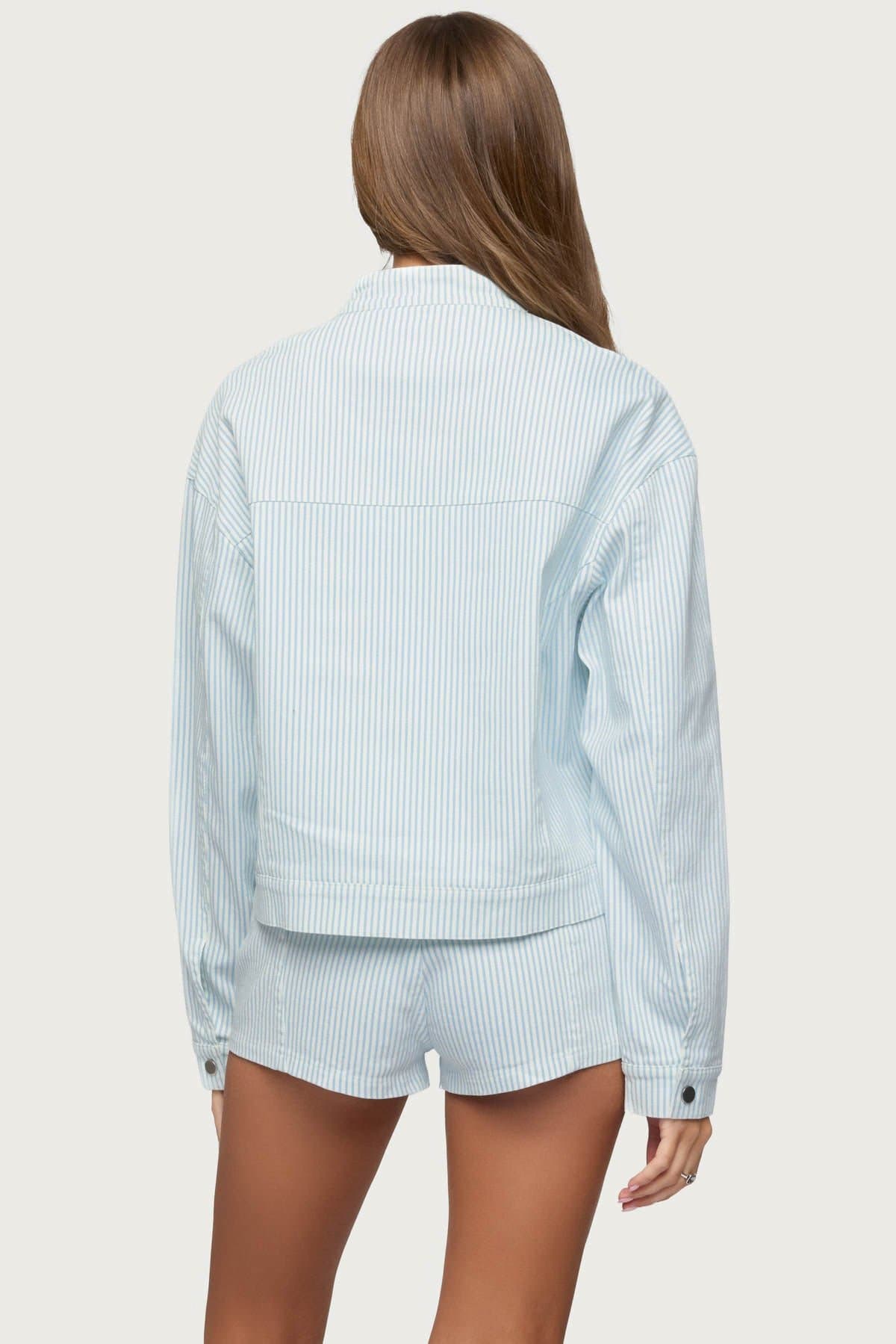 Myah Pinstripe Moto Jacket - Cotton Spandex High Neck Front Zip Women's Jacket