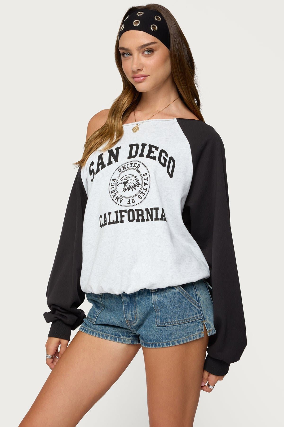 San Diego Off Shoulder Raglan Sweatshirt with Contrast Sleeves and California Graphic
